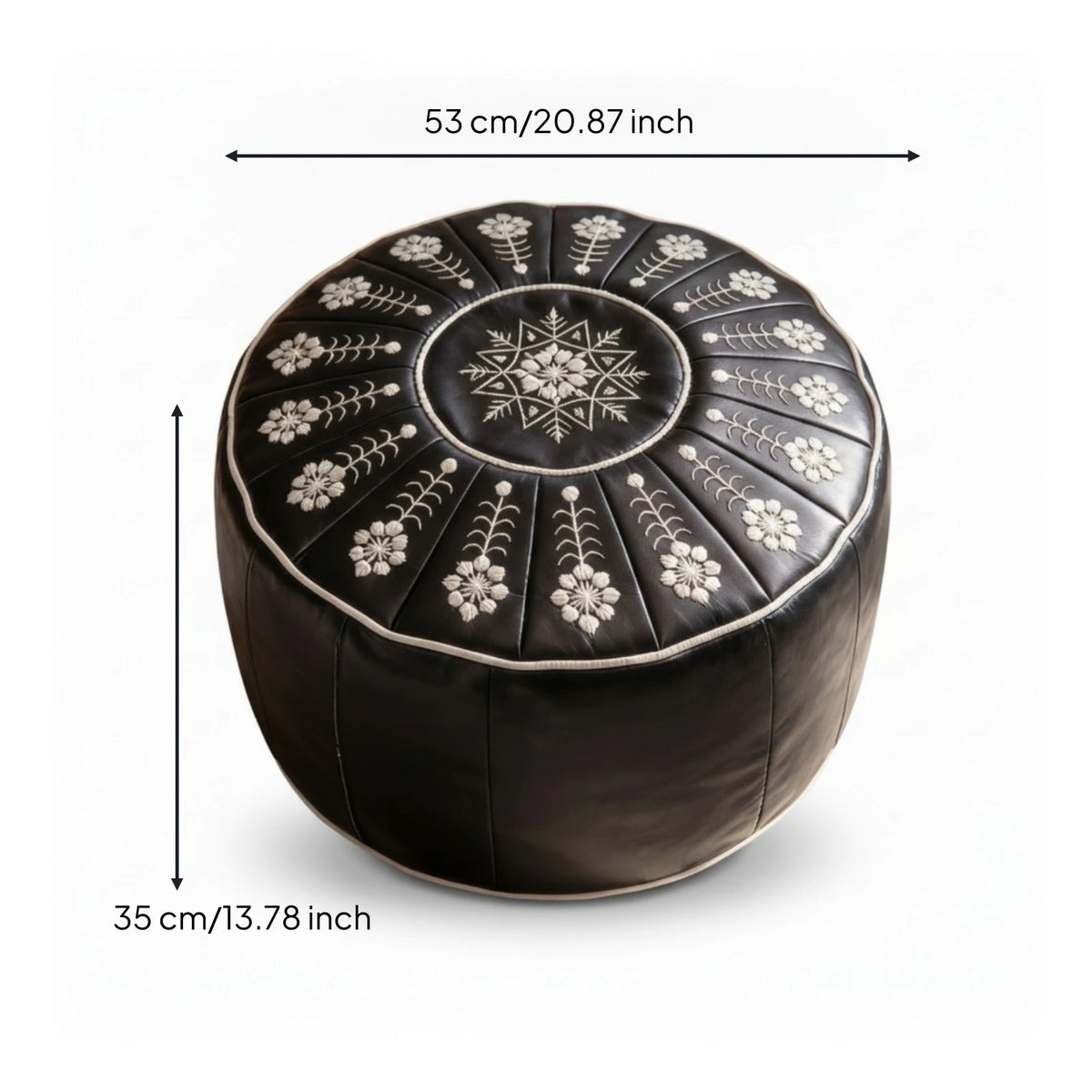 Bohemian Round Storage Ottoman - Water-Resistant Faux Leather Top, Embroidered Body, Zip-Access Footstool, Everstock