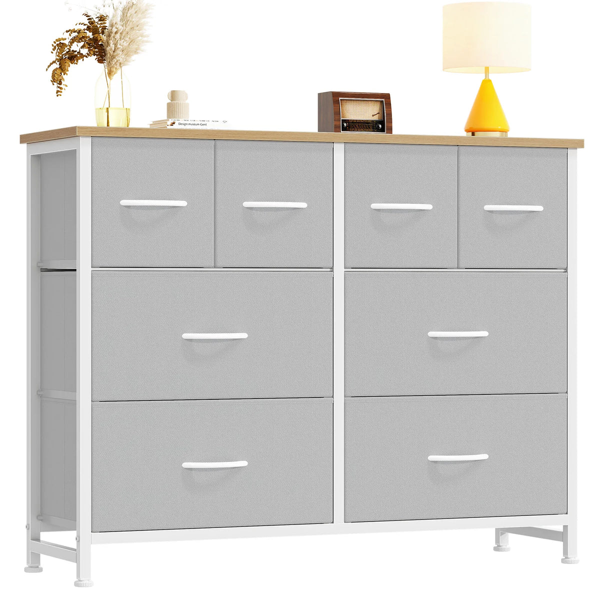 Wide Fabric Dresser & TV Stand - 63-Inch Storage Tower with Wood Top, Metal Frame and Deep Fabric Drawers, Everstock