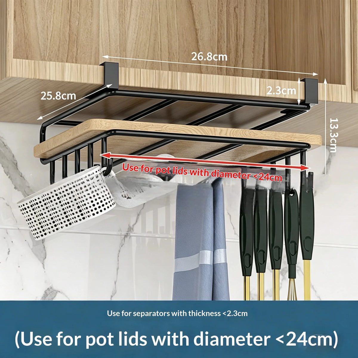 Under-Cabinet Hanging Organizer Rack - Steel Hook Shelf for Paper Towels, Cutting Boards & Pot Lids, Kitchen, Everstock