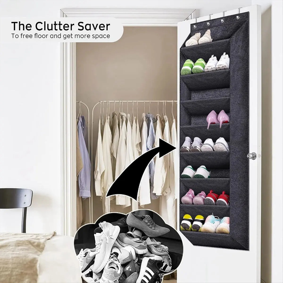 Over-the-Door Shoe Organizer - 8 Deep Pockets, 4 Metal Hooks, Narrow Oxford Hanging Rack for Closets & Boots, Everstock