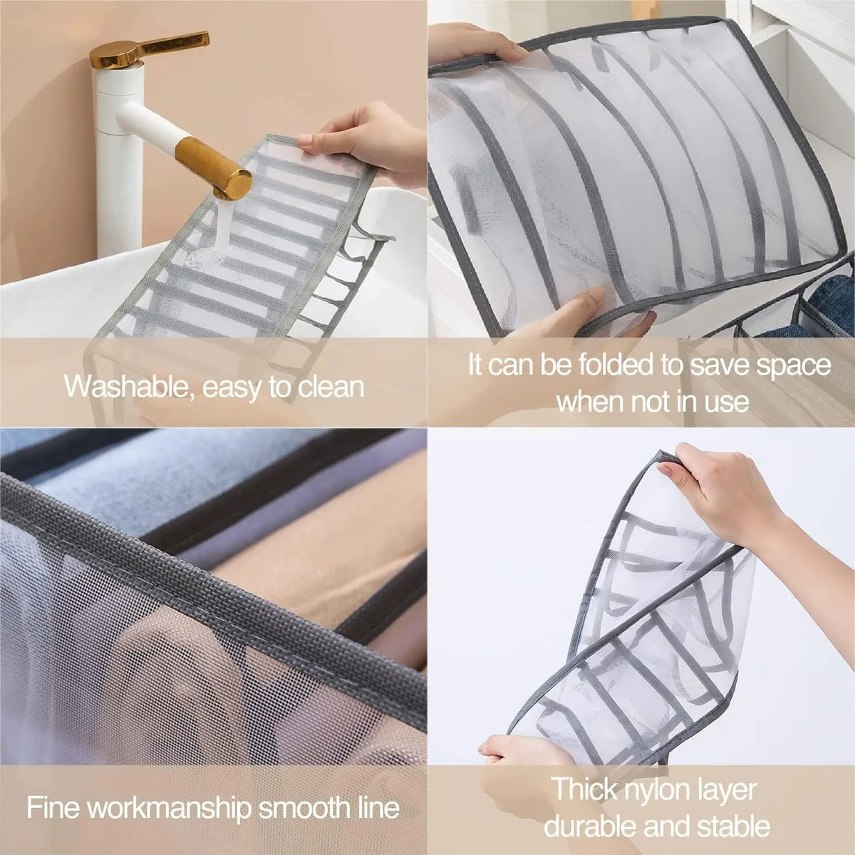 Wardrobe Clothes Organizer with 7 Grids - Washable Foldable Mesh Drawer Box for Underwear, Socks & Scarves, Everstock