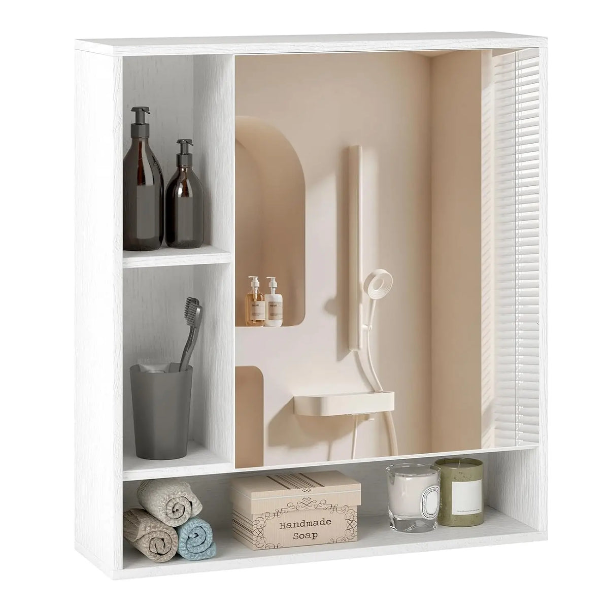 Wall Cabinet with Mirror Door - 3 Open Cubes & Adjustable Shelf Storage for Bathroom, Everstock