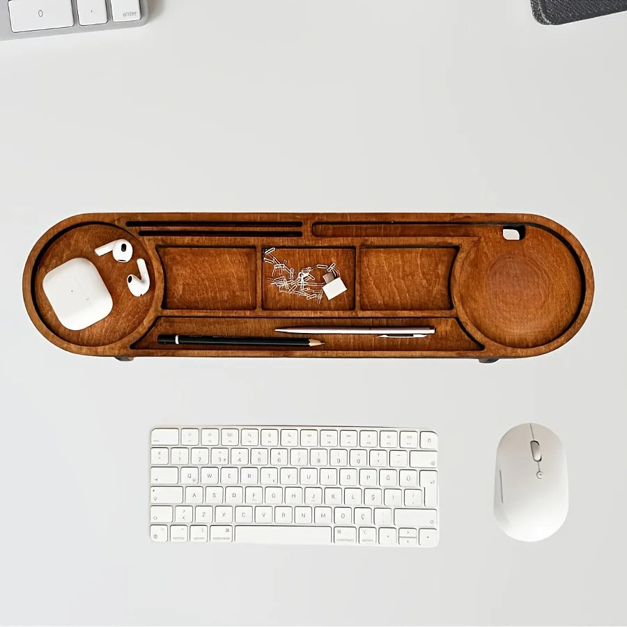 Wooden Desk Organizer with Pen Holder - Natural Wood Multi-Compartment Caddy with Elevated Stand for Stationery, Everstock