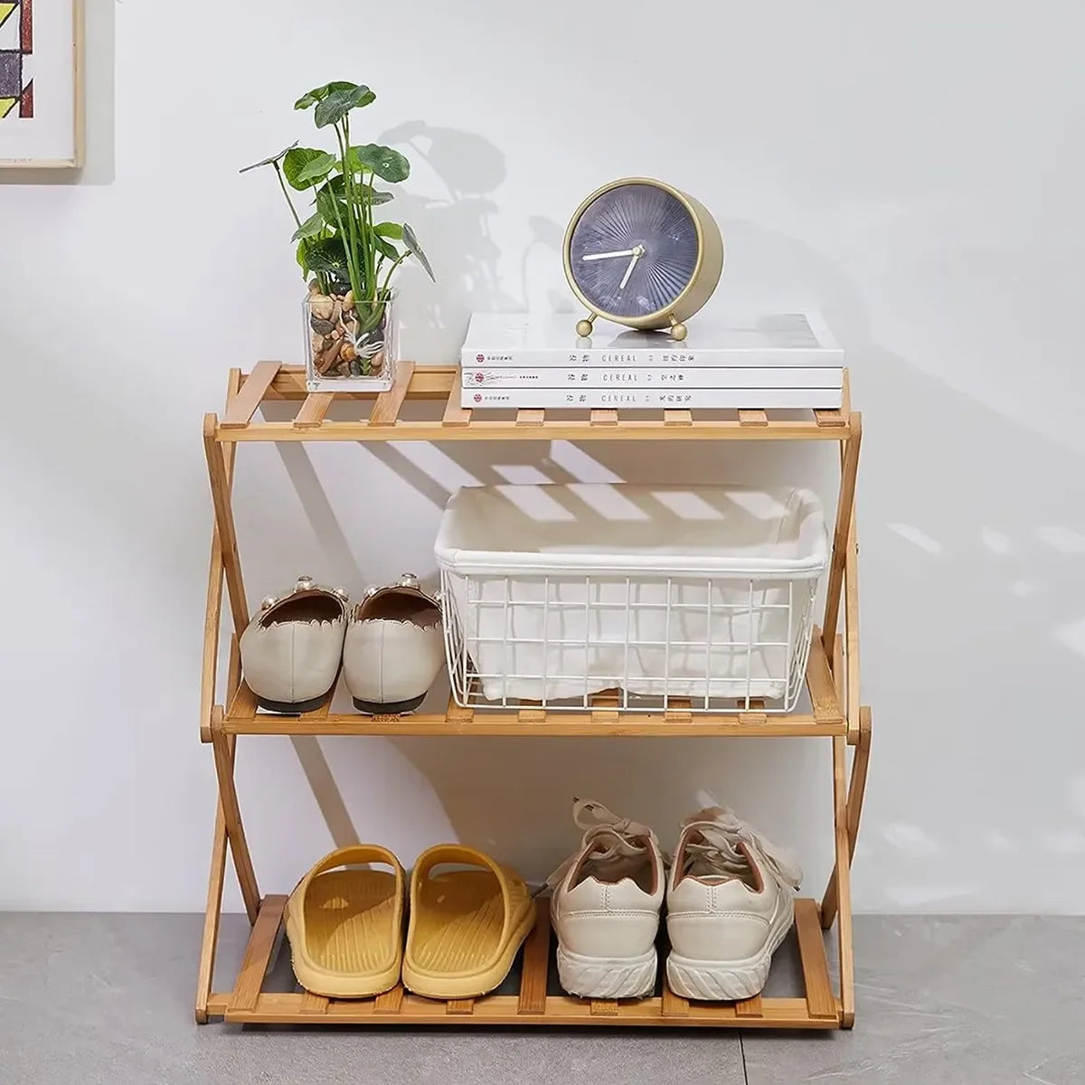 Foldable Bamboo Shoe Rack - 2 to 3 Tier Free-Standing Shelf for 9 to 12 Pairs of Shoes and Plant Pots, Everstock