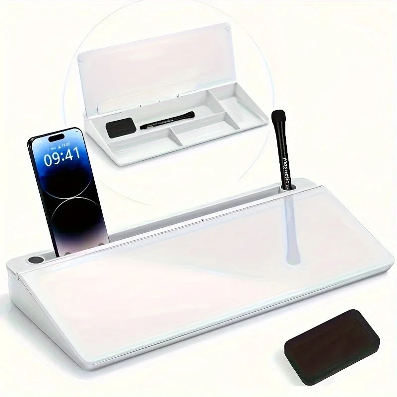 Glass Desk Whiteboard with Storage - Tempered Glass Desktop Organizer and Keyboard Shelf for Home Office, Everstock