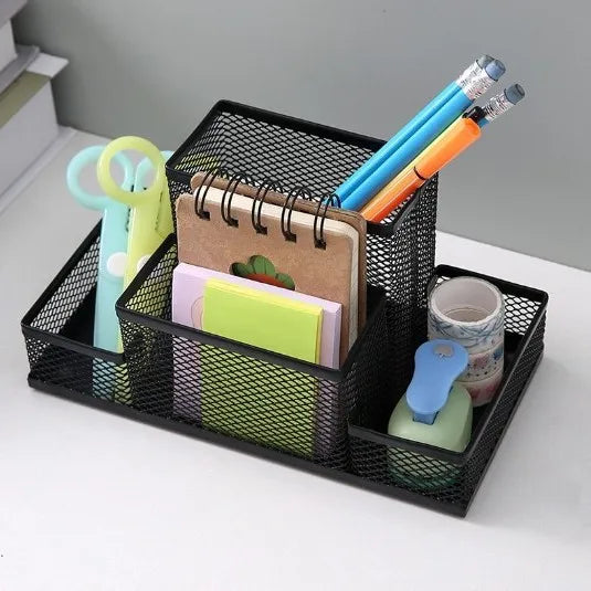Mesh Desk Organizer Caddy - Black Metal 3-Compartment Pencil Holder with Storage Baskets for Desktop Supplies, Everstock