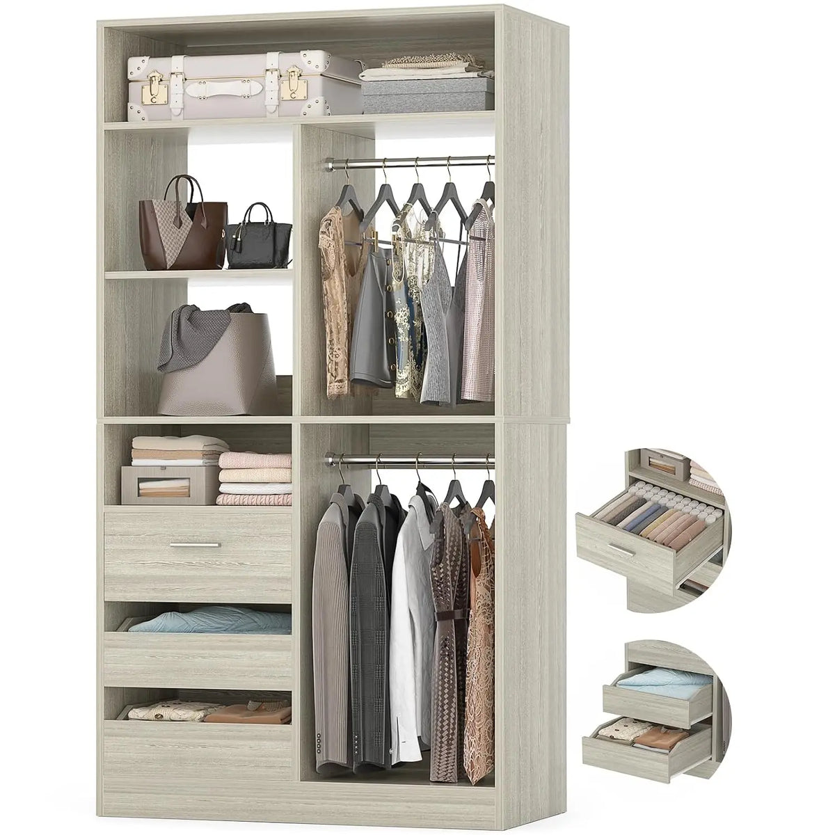 Freestanding Wardrobe Cabinet - 36-Inch Modular Closet Organizer with 3 Drawers, 6 Shelves and Display Niches, Everstock
