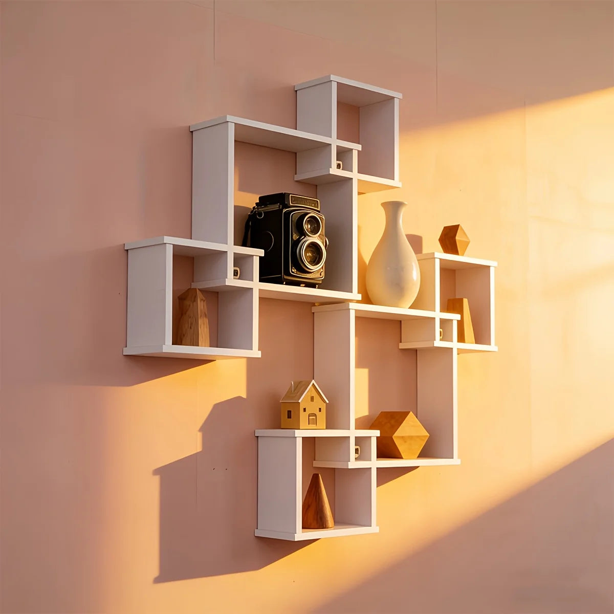 Geometric Wall Shelf - White PVC Intersecting Display Shelf with No-Drill or Drill Mounting, Everstock