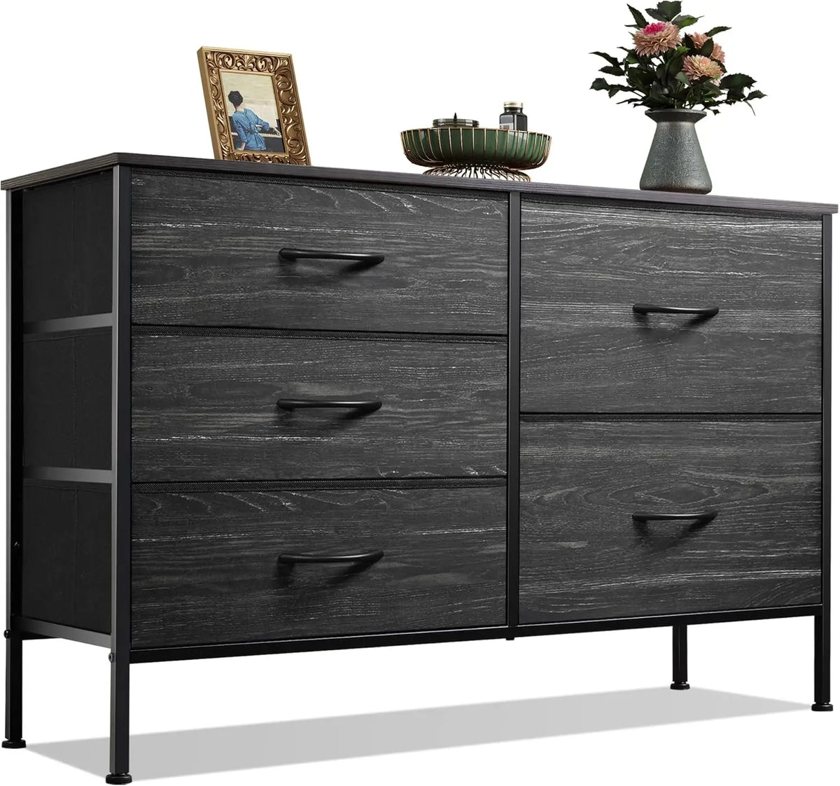 Fabric Chest of Drawers, 5 Bins - Metal-Frame Bedroom Storage Tower with Wood Top and Pull Handles, Everstock
