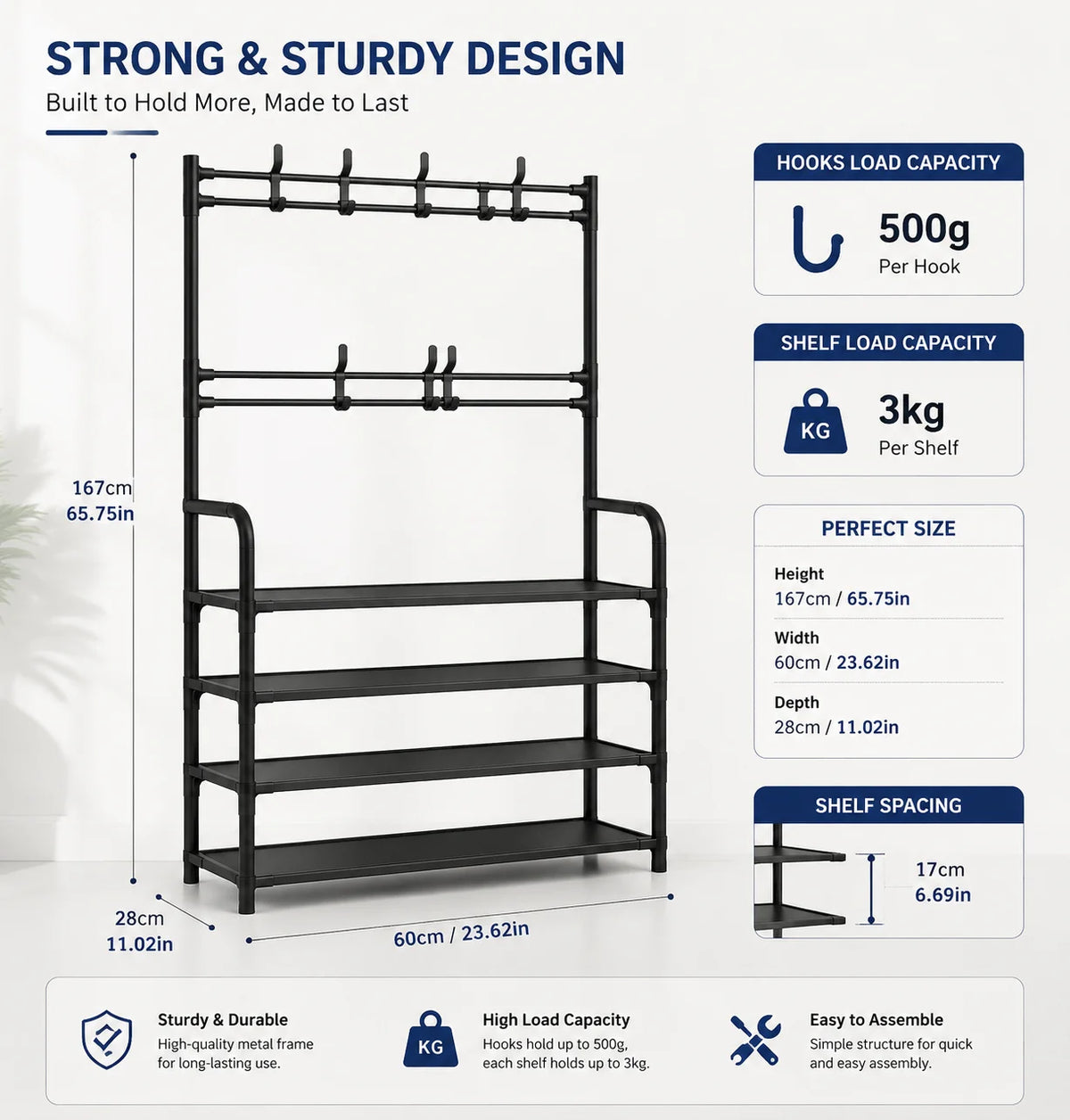 Folding Shoe Rack with Coat Hooks - Metal Entryway Organizer with Bench Seat, Shelves and Bag Hooks, Everstock