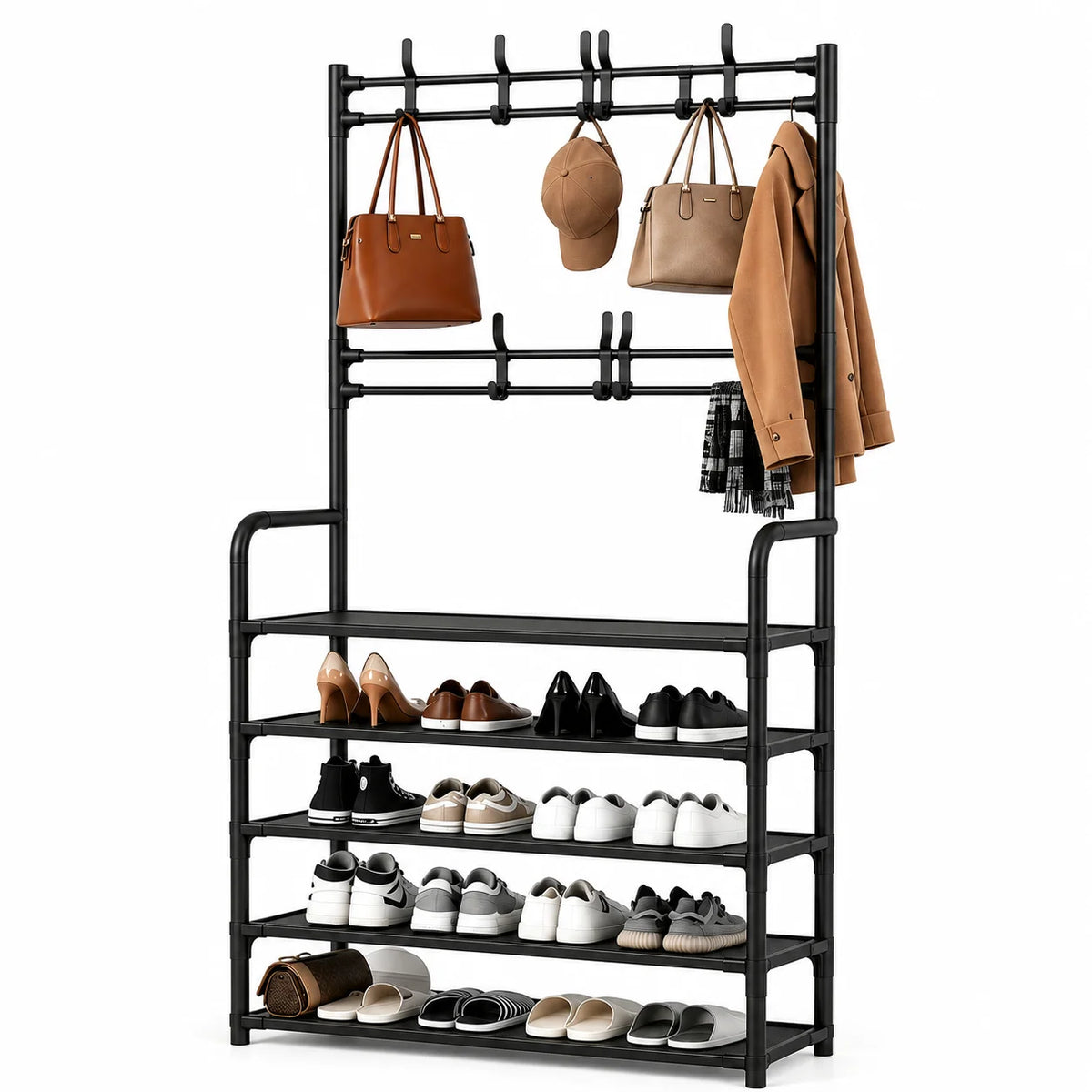 Folding Shoe Rack with Coat Hooks - Metal Entryway Organizer with Bench Seat, Shelves and Bag Hooks, Everstock
