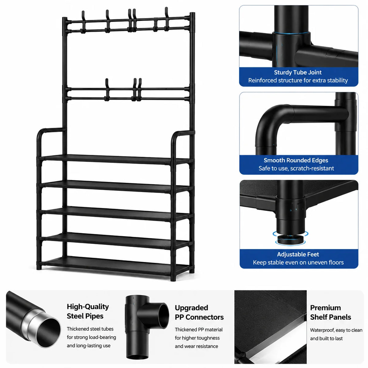 Folding Shoe Rack with Coat Hooks - Metal Entryway Organizer with Bench Seat, Shelves and Bag Hooks, Everstock
