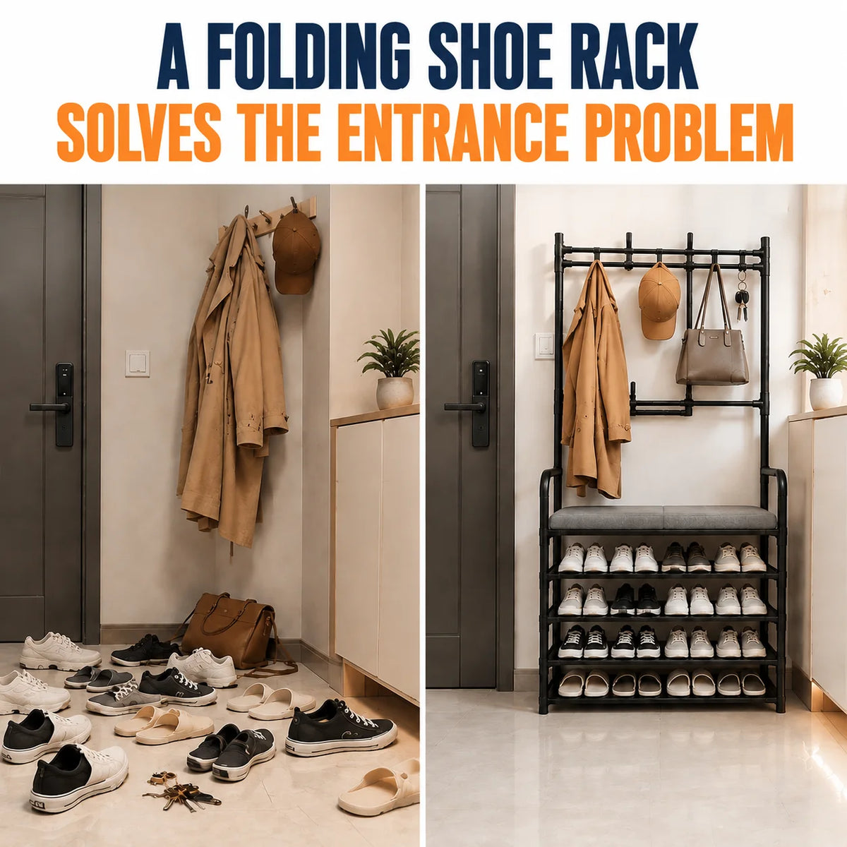Folding Shoe Rack with Coat Hooks - Metal Entryway Organizer with Bench Seat, Shelves and Bag Hooks, Everstock