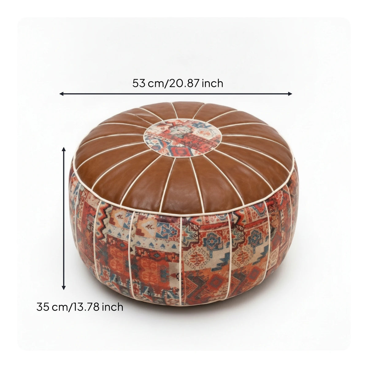 Bohemian Round Storage Ottoman - Water-Resistant Faux Leather Top, Embroidered Body, Zip-Access Footstool, Everstock