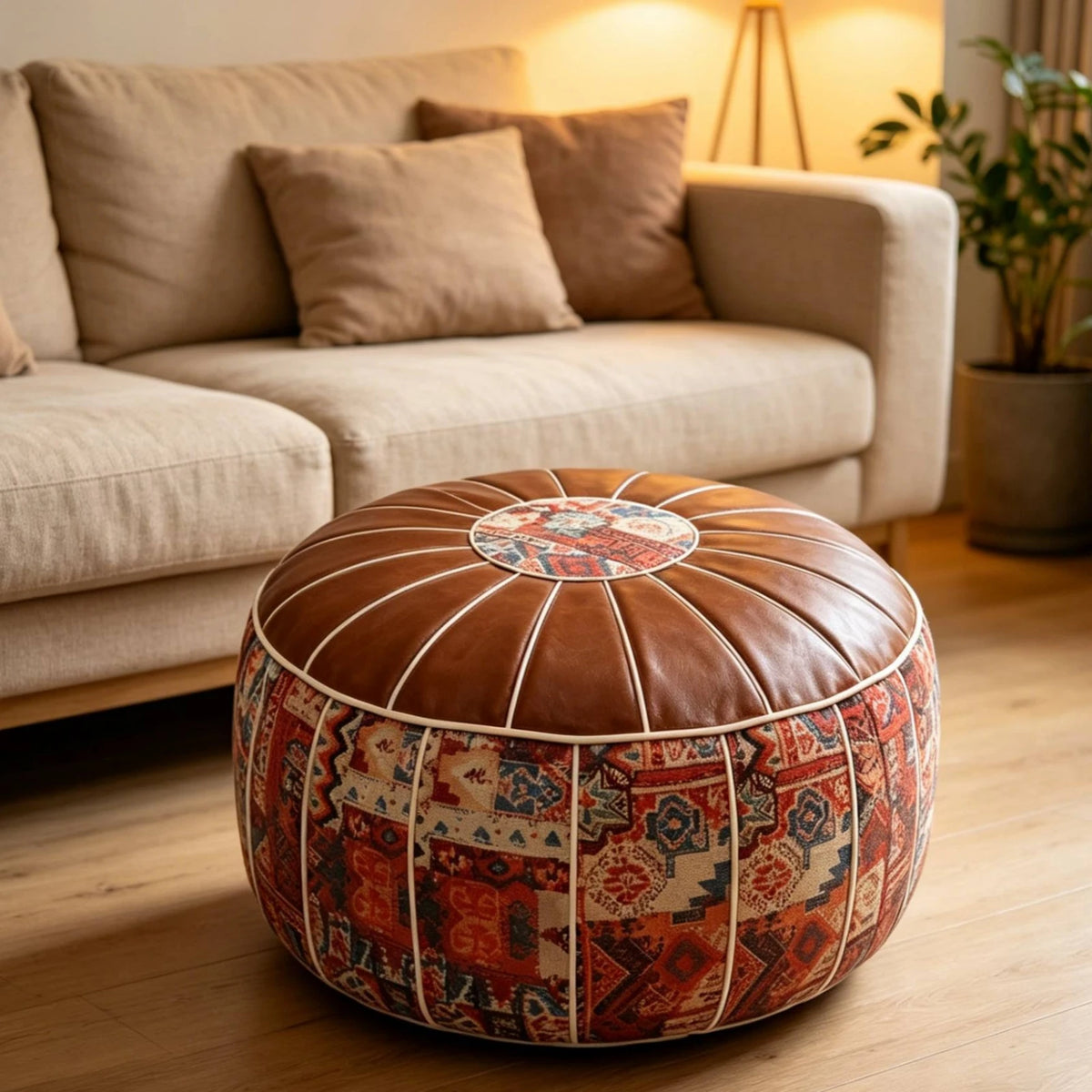 Bohemian Round Storage Ottoman - Water-Resistant Faux Leather Top, Embroidered Body, Zip-Access Footstool, Everstock