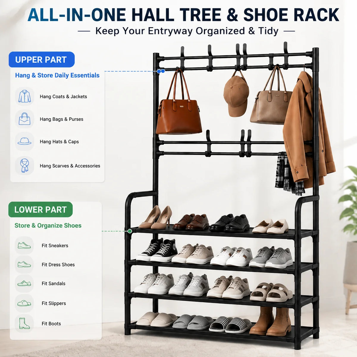 Folding Shoe Rack with Coat Hooks - Metal Entryway Organizer with Bench Seat, Shelves and Bag Hooks, Everstock