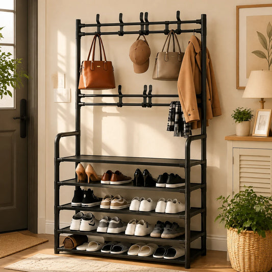 Folding Shoe Rack with Coat Hooks - Metal Entryway Organizer with Bench Seat, Shelves and Bag Hooks, Everstock