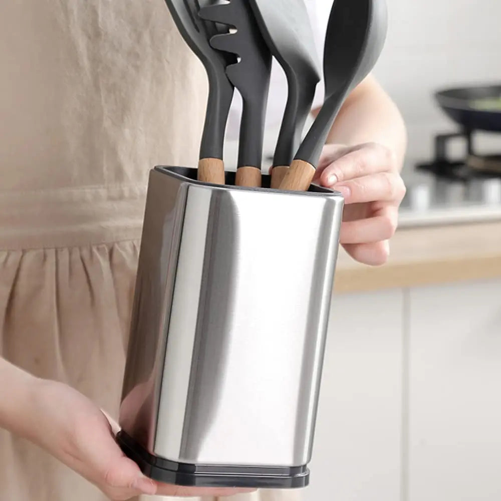 Kitchen Utensil Caddy - Stainless Steel Countertop Holder with Drain Hole for Spatulas & Spoons, Everstock