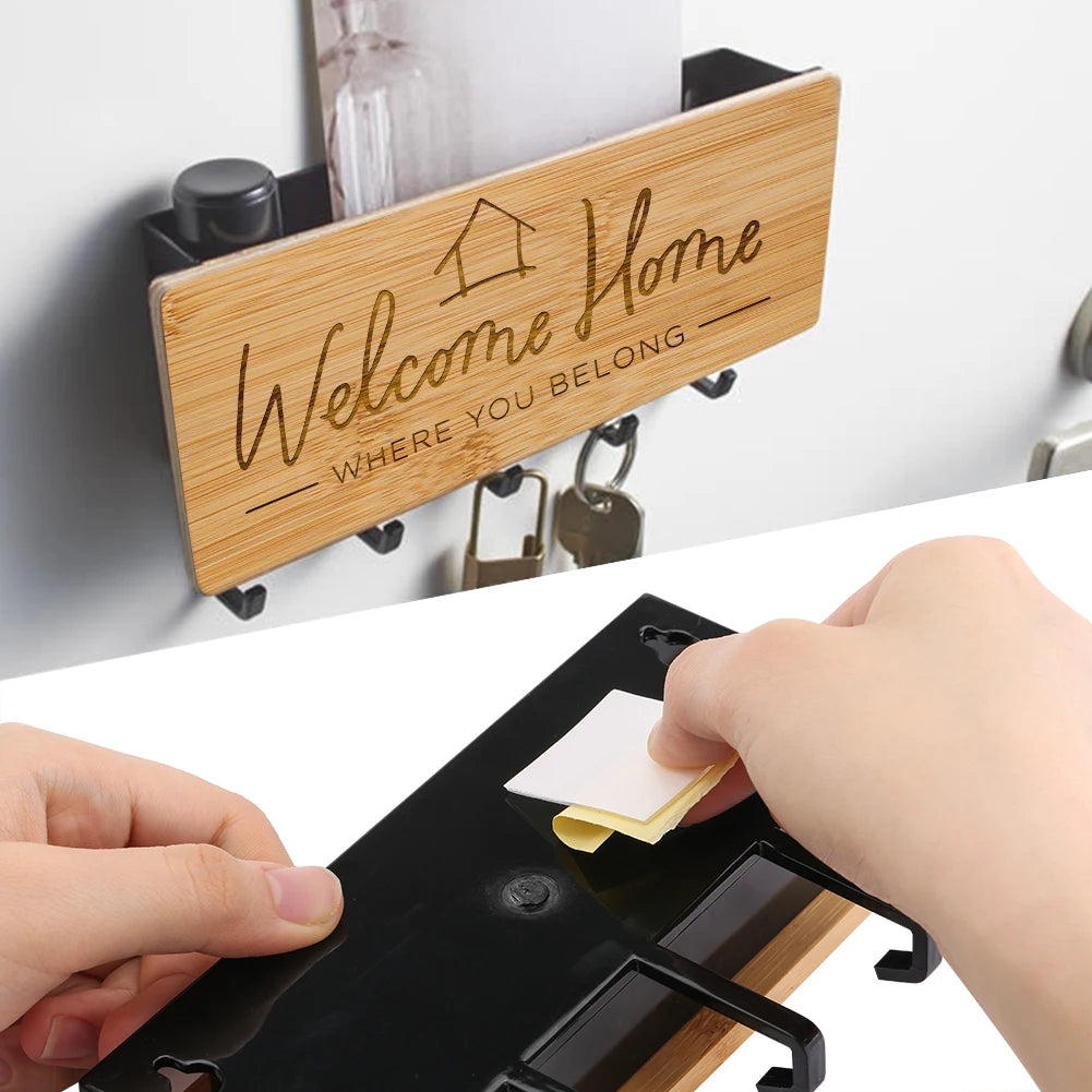 Bamboo Wall Key Holder - Engraved Wood Key Rack with Sundries Tray for Door Backs and Hallways, Everstock