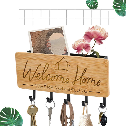 Bamboo Wall Key Holder - Engraved Wood Key Rack with Sundries Tray for Door Backs and Hallways, Everstock