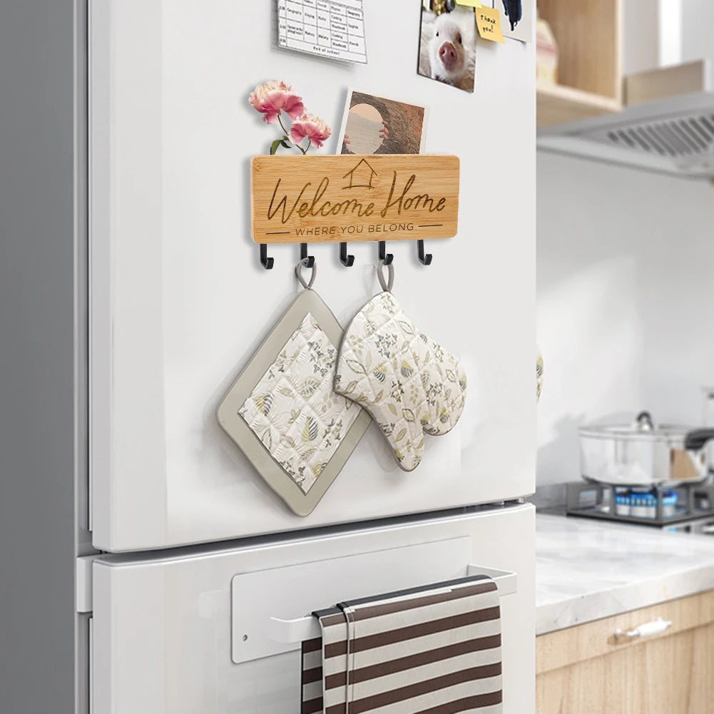 Bamboo Wall Key Holder - Engraved Wood Key Rack with Sundries Tray for Door Backs and Hallways, Everstock