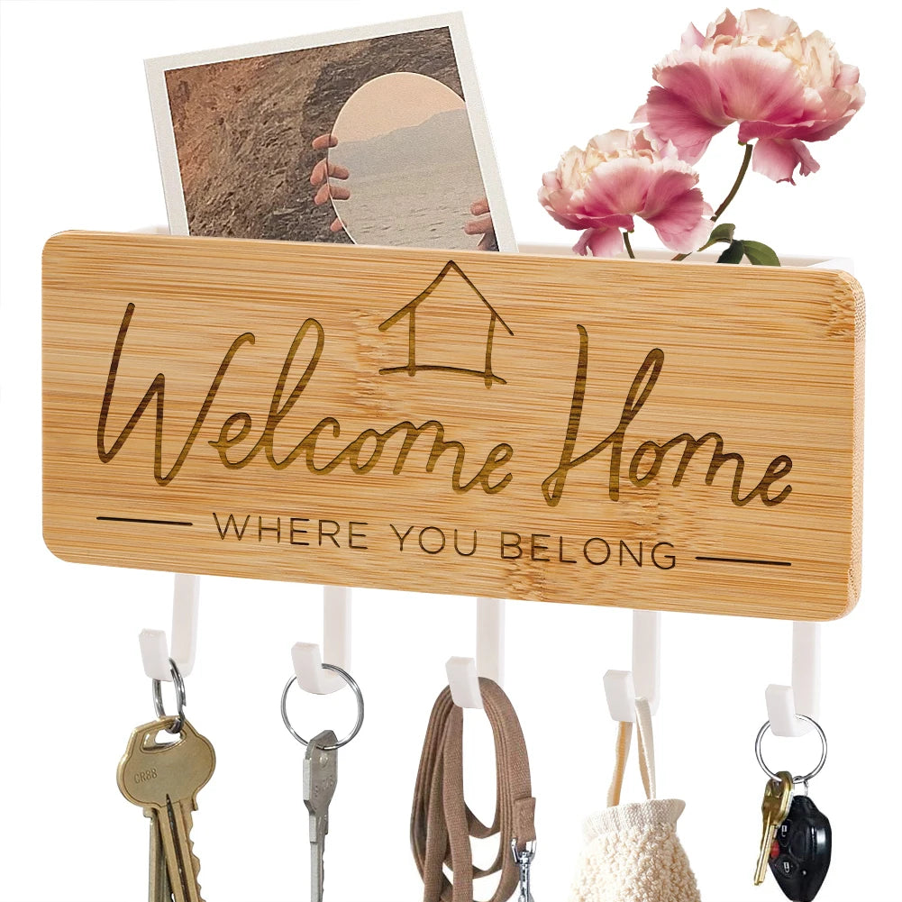 Bamboo Wall Key Holder - Engraved Wood Key Rack with Sundries Tray for Door Backs and Hallways, Everstock