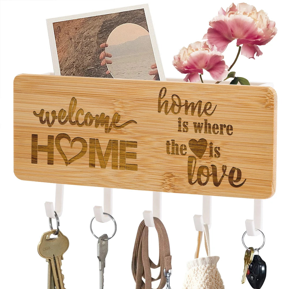 Bamboo Wall Key Holder - Engraved Wood Key Rack with Sundries Tray for Door Backs and Hallways, Everstock