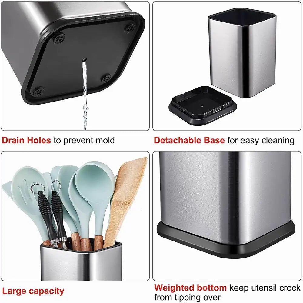 Kitchen Utensil Caddy - Stainless Steel Countertop Holder with Drain Hole for Spatulas & Spoons, Everstock