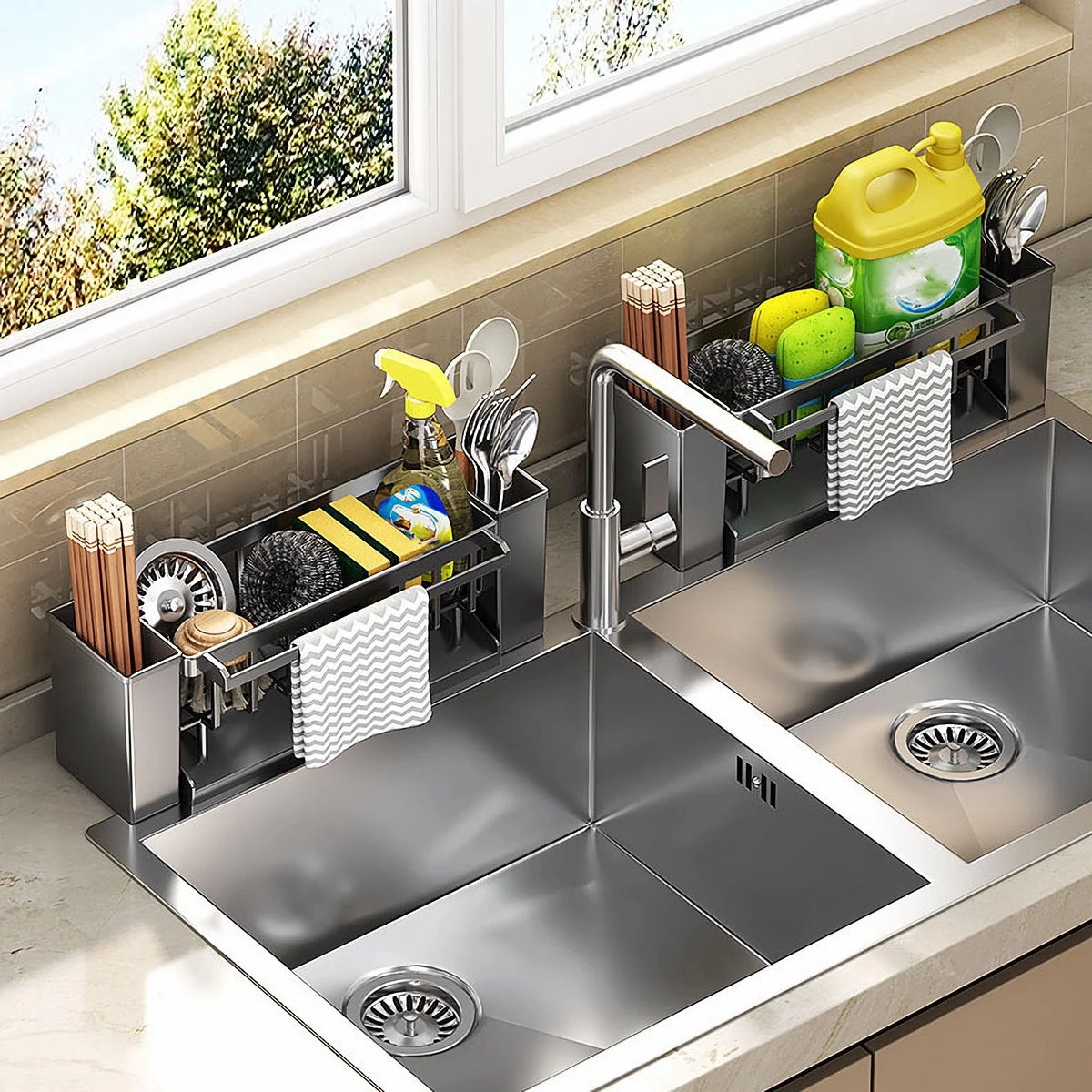 Sink Caddy with Brush Holder - Sponge & Rag Drain Rack for Kitchen and Bathroom Faucets, Everstock