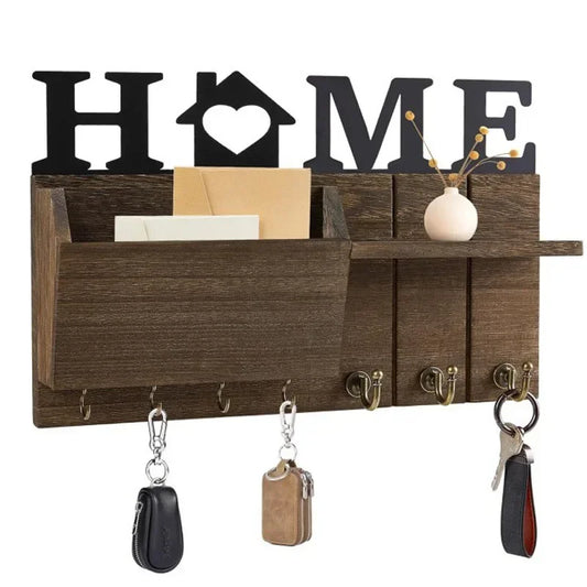 Wooden Wall Key Holder with Shelf - Mail and Key Rack with Large Hooks for Bags, Coats and Umbrellas, Everstock