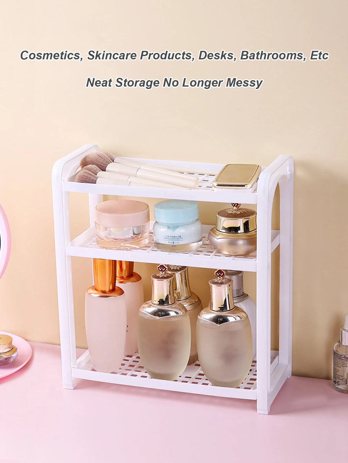 3-Tier Desktop Storage Rack - PP Plastic Standing Shelf Unit for Dressing Table, Dorm Desk and Bathroom Sundries, Everstock