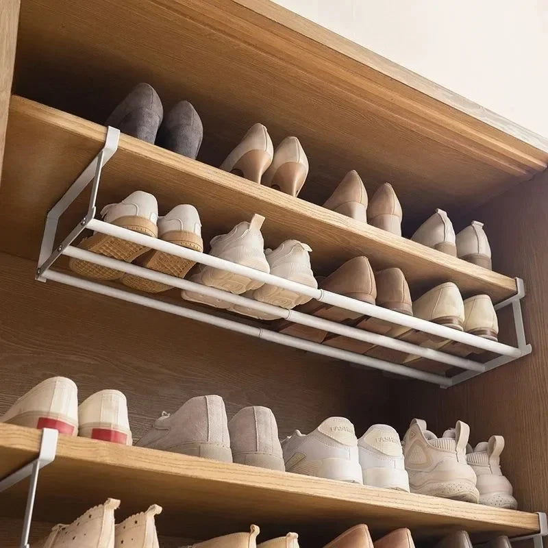 Adjustable Shoe Rack with Hanging Basket - Carbon Steel and Bamboo Under-Shelf Organizer for Shoe Cabinets, Everstock