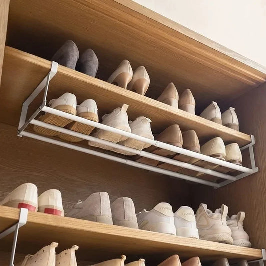 Adjustable Shoe Rack with Hanging Basket - Carbon Steel and Bamboo Under-Shelf Organizer for Shoe Cabinets, Everstock