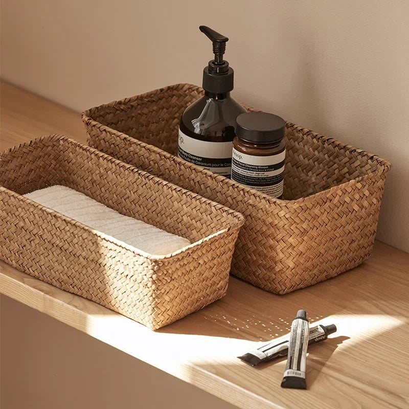 Seagrass Storage Basket - Handwoven Rectangular Organizer for Bathroom Counter, Shelf and Kitchen Sundries, Everstock
