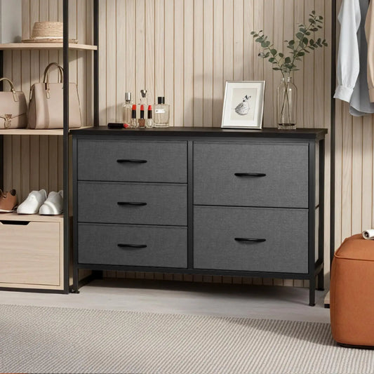 Fabric Chest of Drawers, 5 Bins - Metal-Frame Bedroom Storage Tower with Wood Top and Pull Handles, Everstock