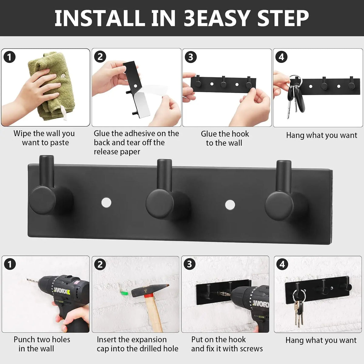 Stainless Steel Adhesive Key Hooks - No-Drill Wall Key Holder for Entryway, Hallway, Kitchen and Bathroom, Everstock