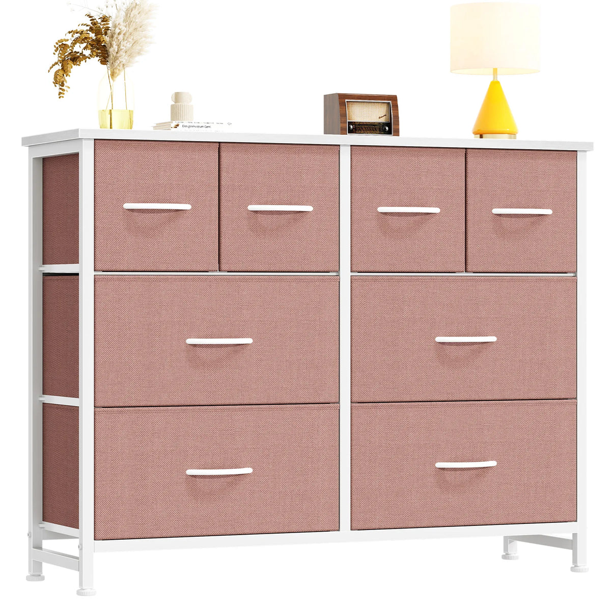 Wide Fabric Dresser & TV Stand - 63-Inch Storage Tower with Wood Top, Metal Frame and Deep Fabric Drawers, Everstock