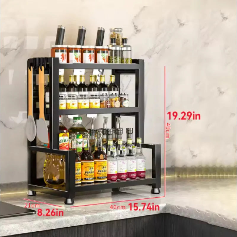 Spice Rack Organizer - 3-Tier Adjustable Metal Shelf with Knife Holder & Hooks, Kitchen Countertop, Everstock
