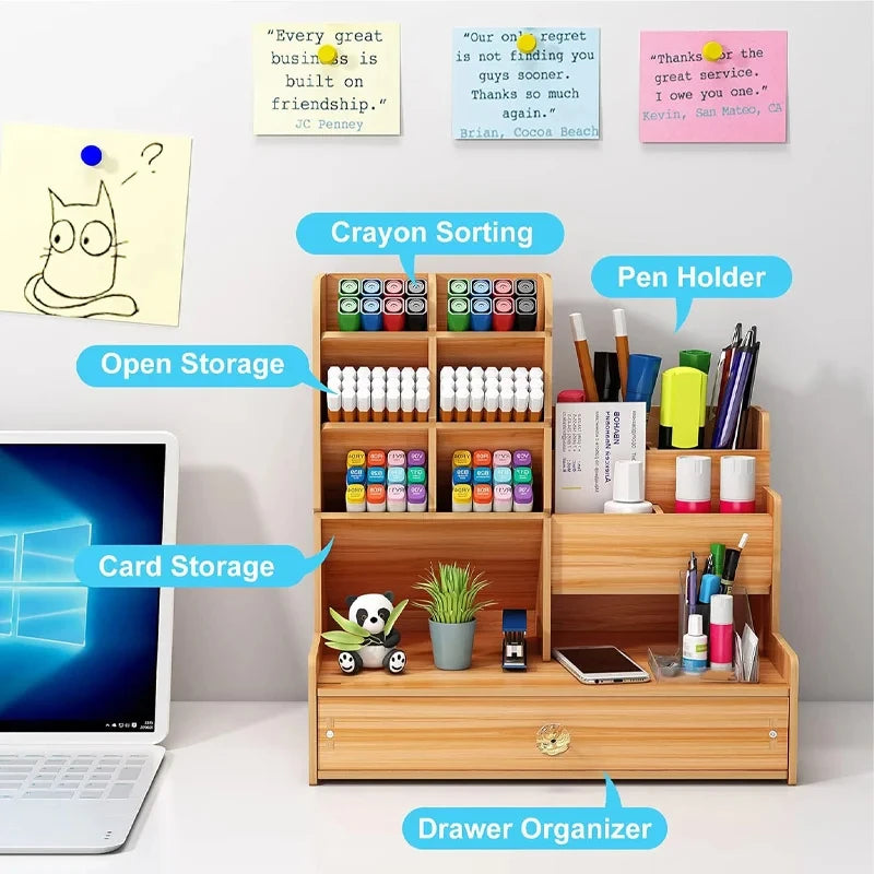 Wooden Desktop Organizer with Drawer - Large-Capacity Stationery Storage for Home & Office, Everstock