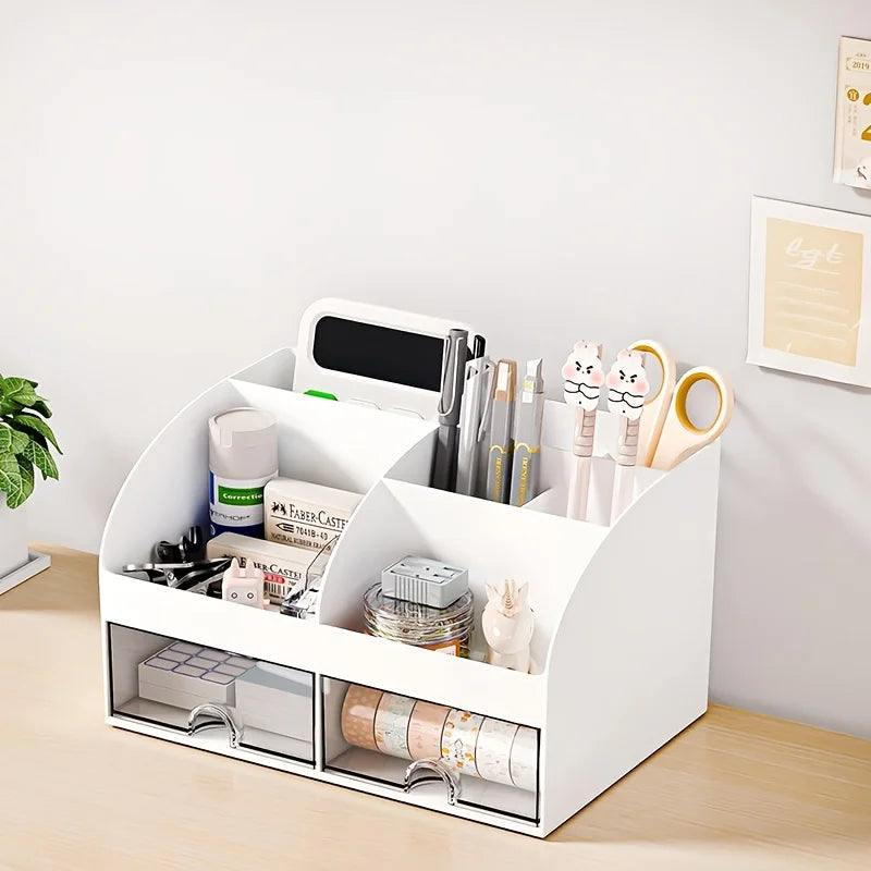 6-Compartment Desk Organizer with 2 Drawers - Plastic Desktop Storage Set with Pencil Holder for Cosmetics, Everstock