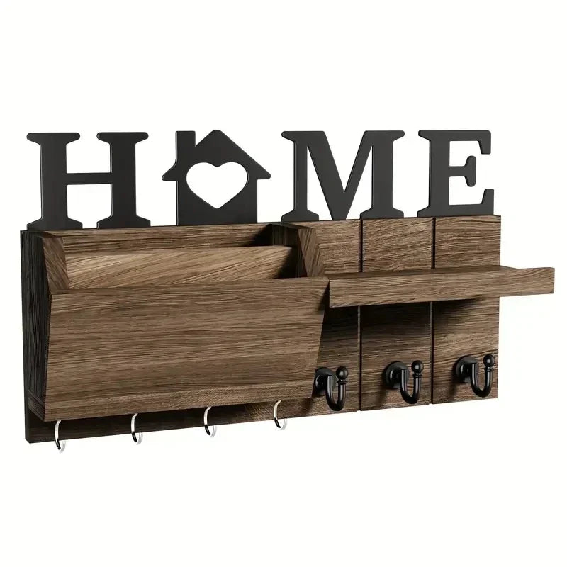 Wooden Wall Key Holder with Shelf - Mail and Key Rack with Large Hooks for Bags, Coats and Umbrellas, Everstock