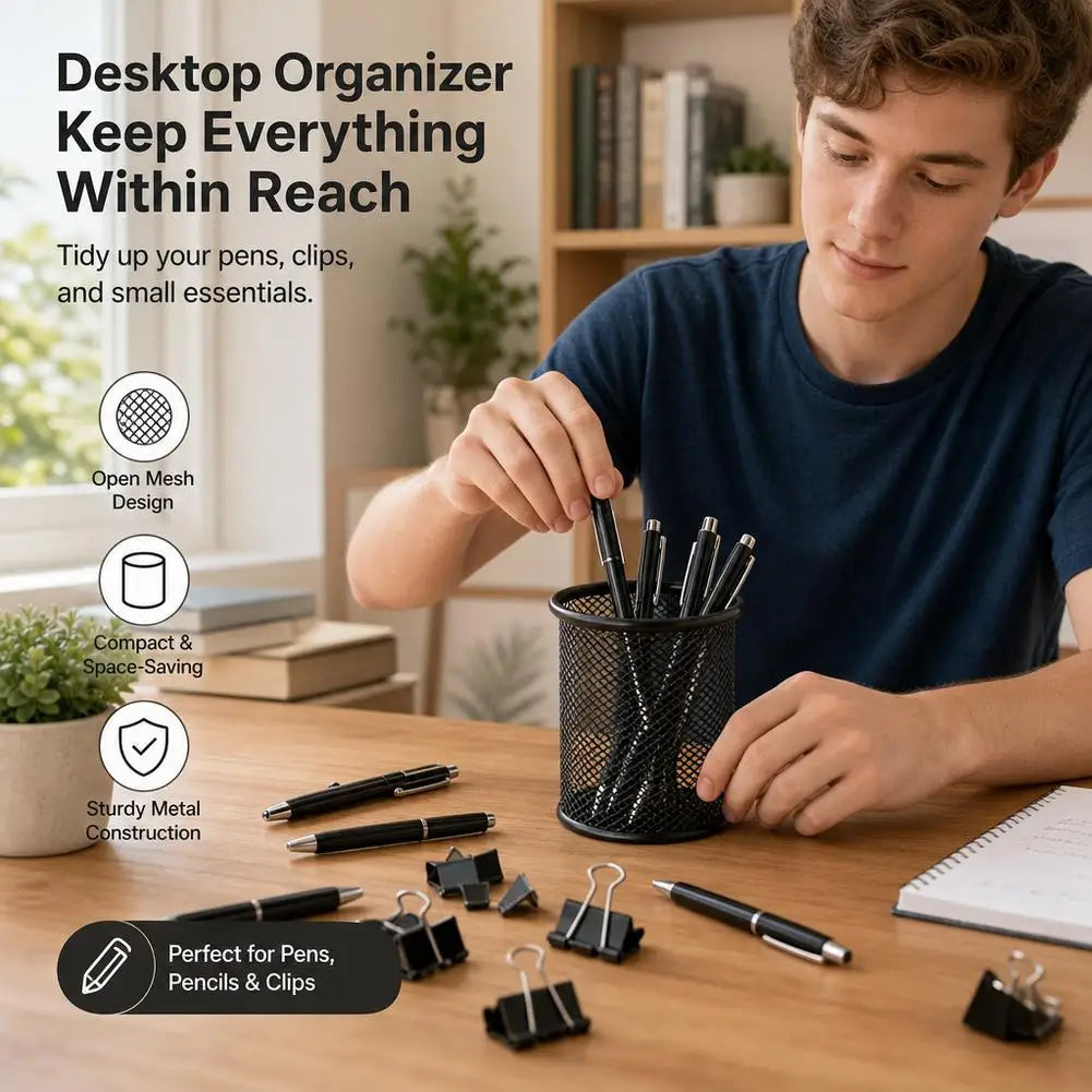Mesh Desk Organizer with 4 Compartments - Powder-Coated Black Metal Caddy, 8.27 x 4.33 x 3.94 in, for Desktops, Everstock