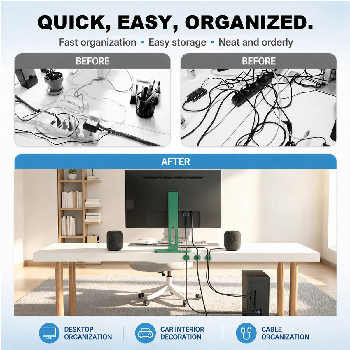 Adhesive Cord Organizer Clips - Elastic Loop Cable Ties for Desks, Nightstands and TV Units, Everstock