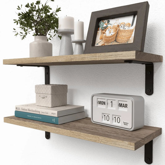 Farmhouse Wood Floating Shelves Set of 2 - Wall-Mounted Bookshelf Ledges for Living Room and Bedroom, Everstock
