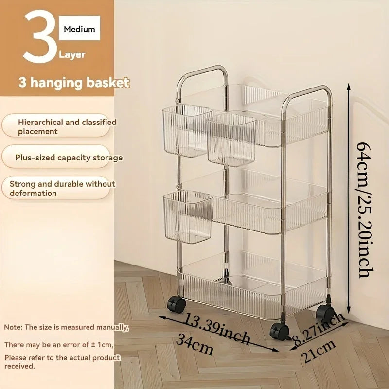 3-Tier Rolling Cart - Clear Plastic Storage Trolley on Wheels for Living Room, Bedroom and Home Office, Everstock