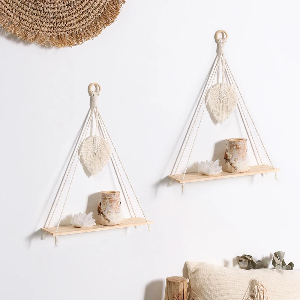 Boho Macrame Wall Shelf 2 Pack - Natural Recycled Wood Hanging Display Shelves with Bead Trim, Everstock