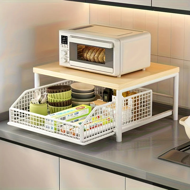 Coffee Station Countertop Organizer - Wood Shelf with Drawer & Wire Basket for Kitchen Counter Storage, Everstock