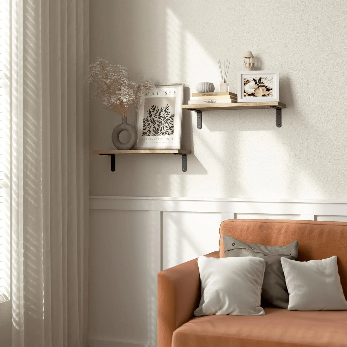 Farmhouse Wood Floating Shelves Set of 2 - Wall-Mounted Bookshelf Ledges for Living Room and Bedroom, Everstock