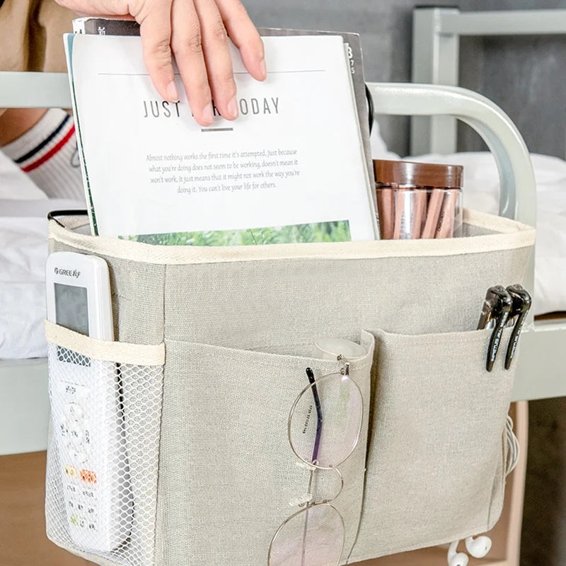 Bed Rail Hanging Organizer - Canvas Bedside Basket with Iron Frame for Books, Phones and Remotes, Everstock