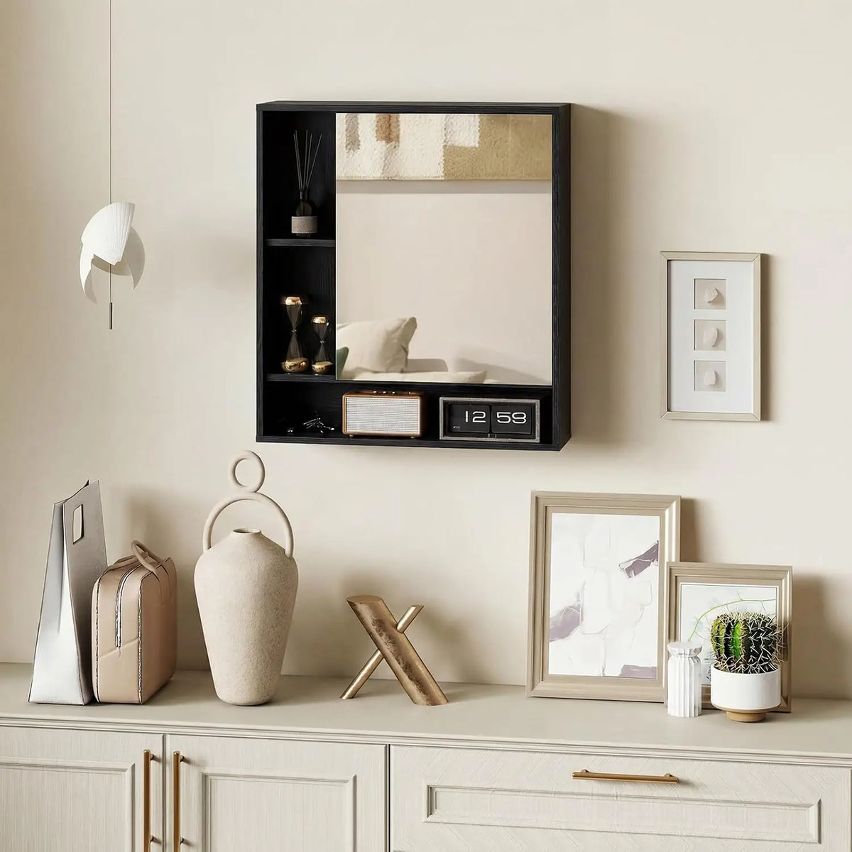 Wall Cabinet with Mirror Door - 3 Open Cubes & Adjustable Shelf Storage for Bathroom, Everstock